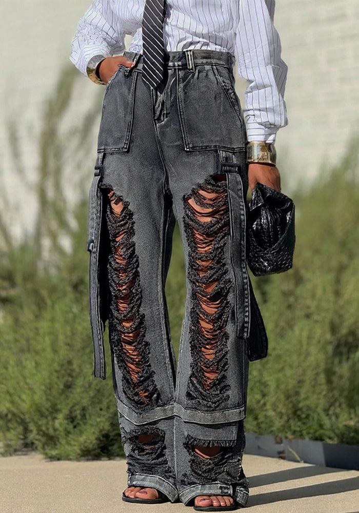 Hip Hop Street Ripped Ribbon Cargo Denim Pants