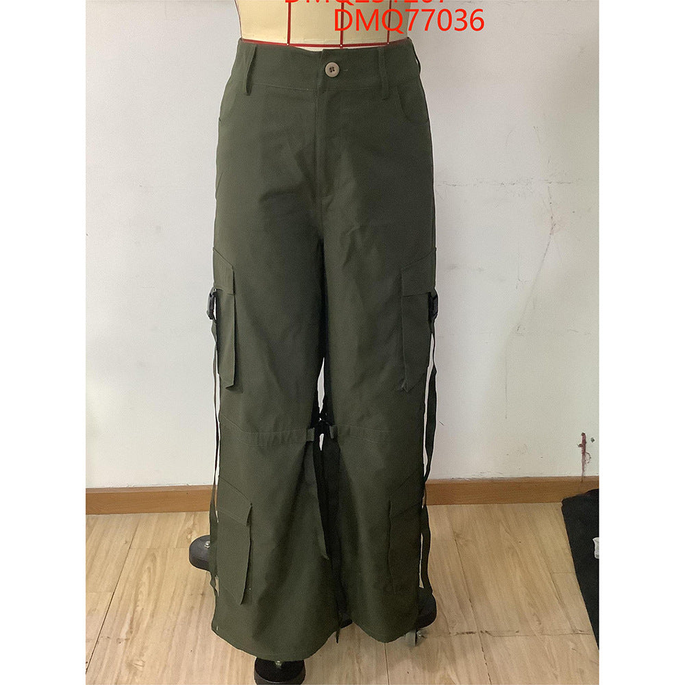 American Retro Cargo Pants Women's Pocket High Waist Straight Wide Leg Ribbon Loose Casual Trousers 9
