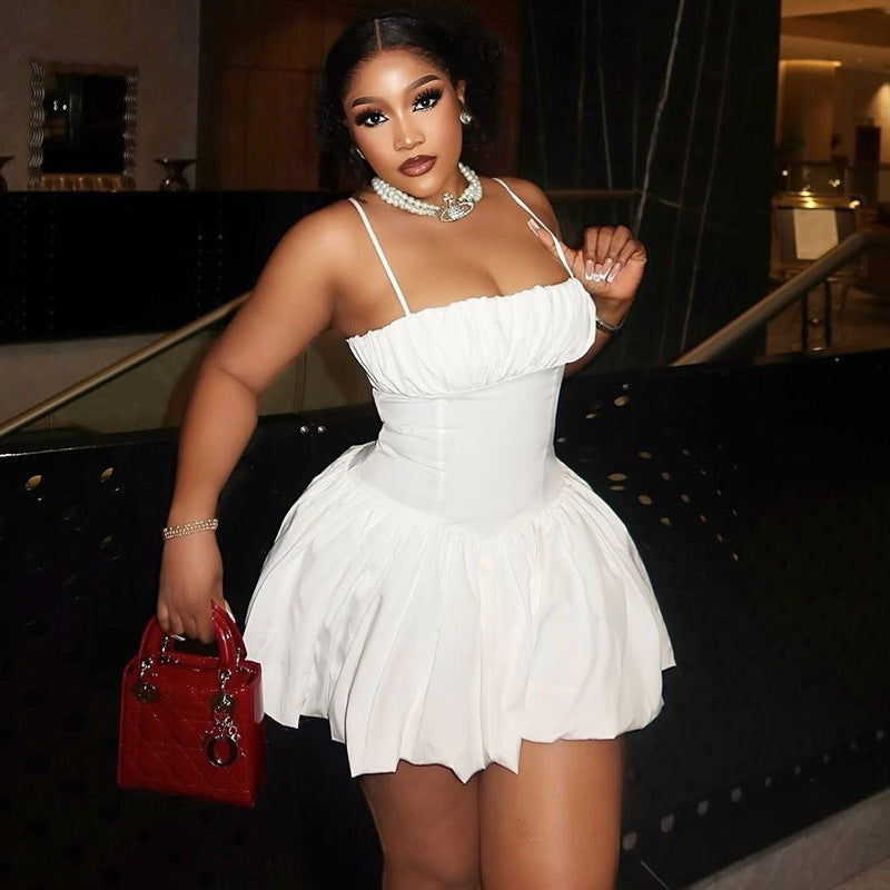 Fashion Solid Color Sexy Sleeveless Straps Slim Waist Short Bud Dress 3