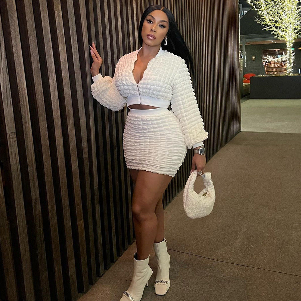 Women's Fashion Casual Fit Puff Zip Top Bodycon Skirt Two Piece Set