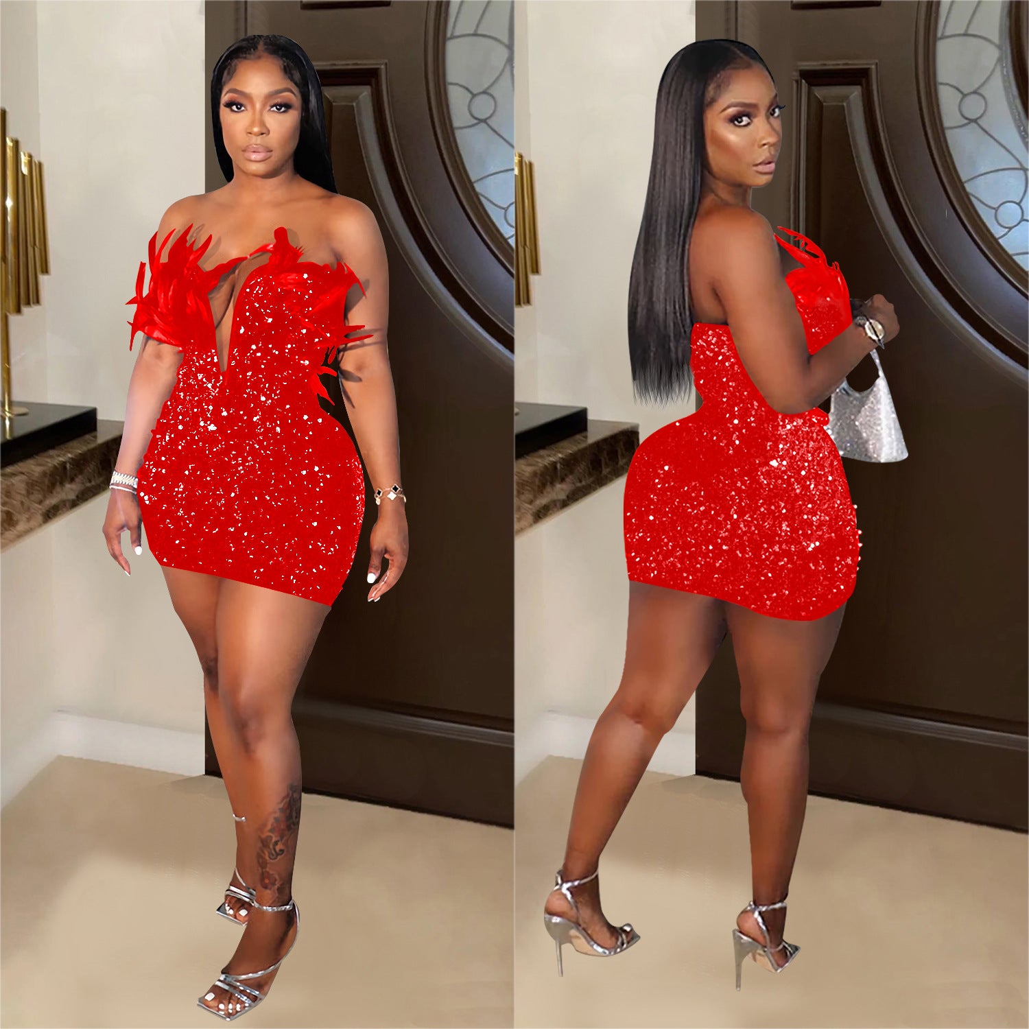 Women Sequin Feather Sleeveless Dress 3