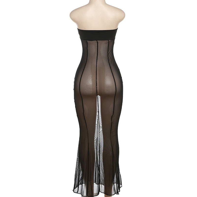 Women Off Shoulder Hollow Sexy See-Through Mesh Dress 10