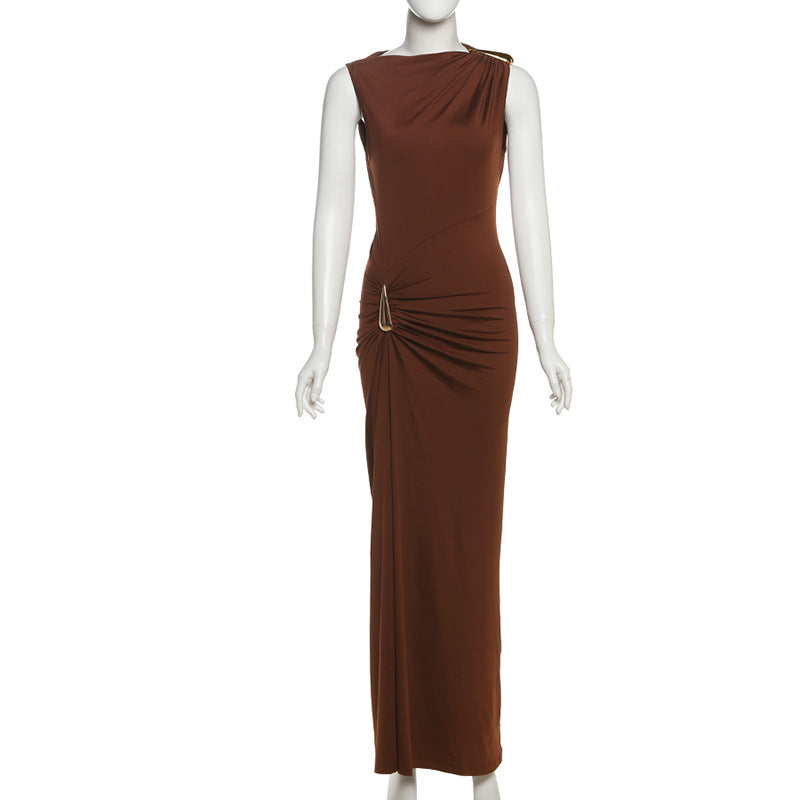 Women Fall Solid Metallic Sleeveless Sexy Slit Dress 5