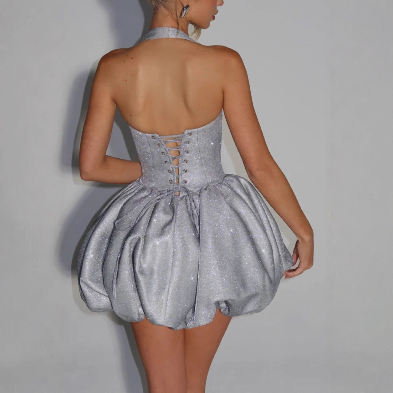 Trendy Casual Summer Halter Neck Bow Tie Puff Dress 3