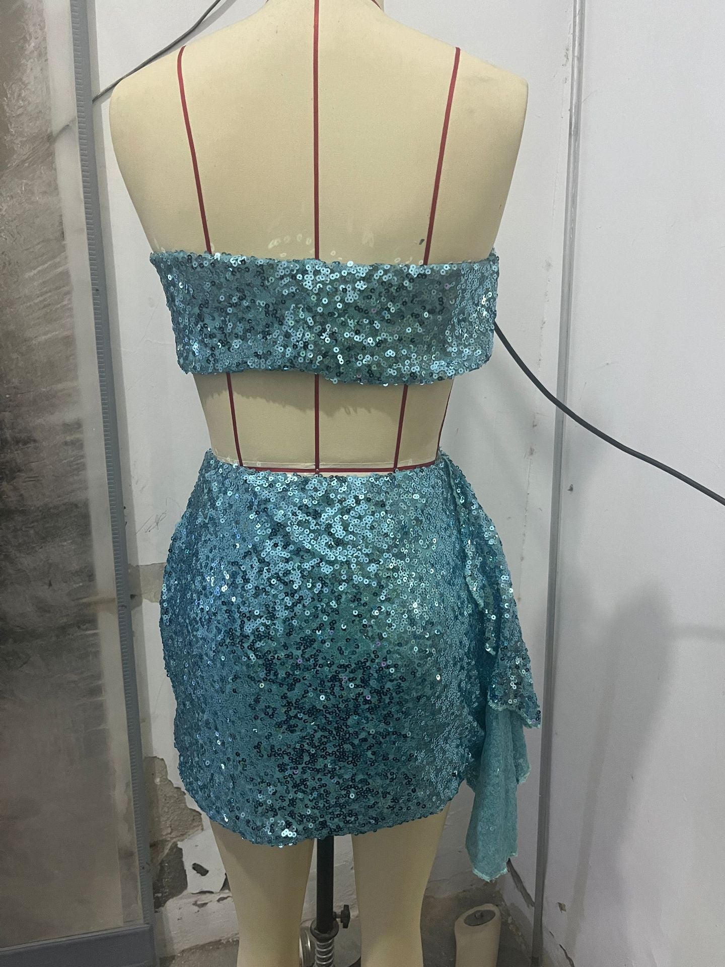 Blue Strapless sexy Holidays sequins slim skirt set 8