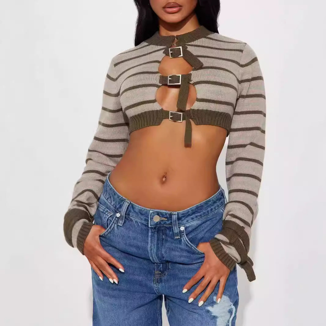 Women Knitting Striped Button Long Sleeve Crop Top 3