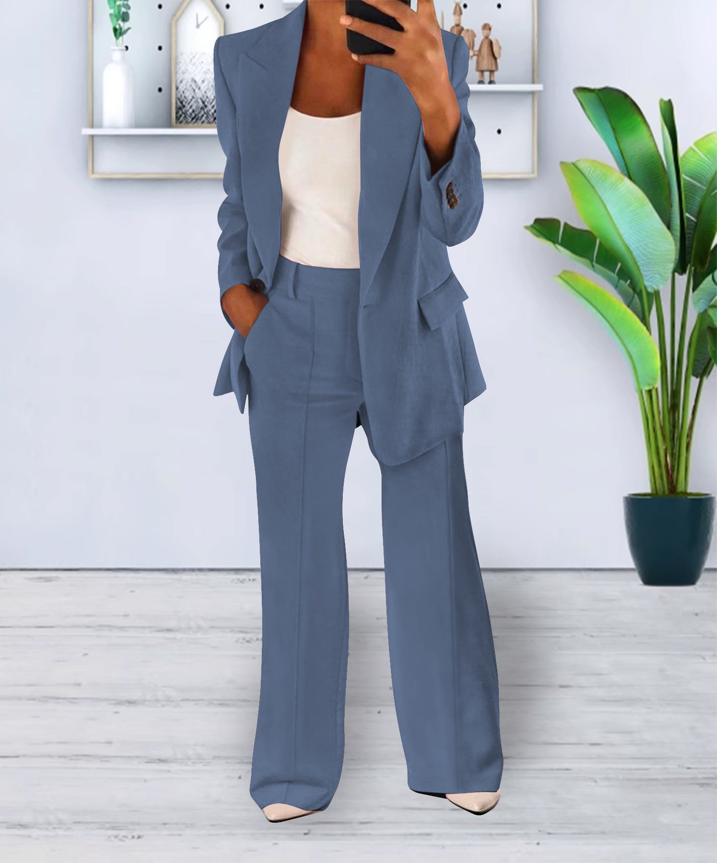 Fashionable Casual Solid Color Blazer Trousers Career Two Piece Suit 7