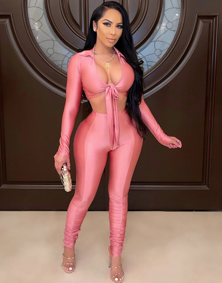 Autumn Pink Crop Top and Stacked Pants 2PC Set