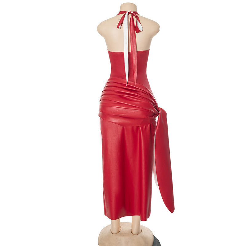 Spring Summer Sexy Deep V Halter Neck Lace Up Slit Dress 14