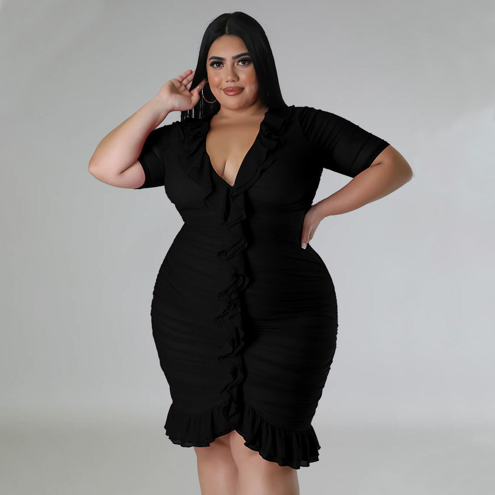 Plus Size Women'S Mesh Lining See-Through Double Layer Ruffle Sexy Dress 4