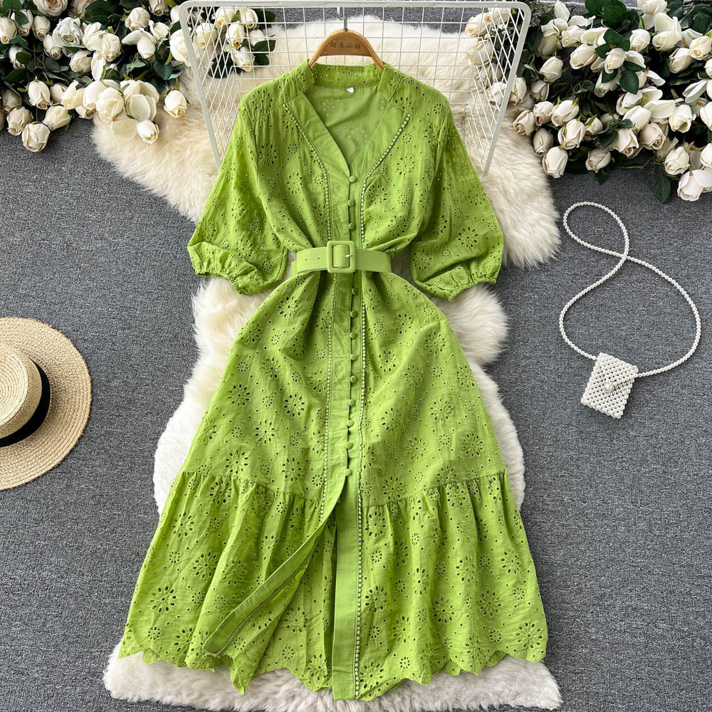 V-Neck Hollow-Out Dress Puff Sleeve Loose Embroidery Slim Waist Slim Fit  V-Neck Hollow-Out Dress 13