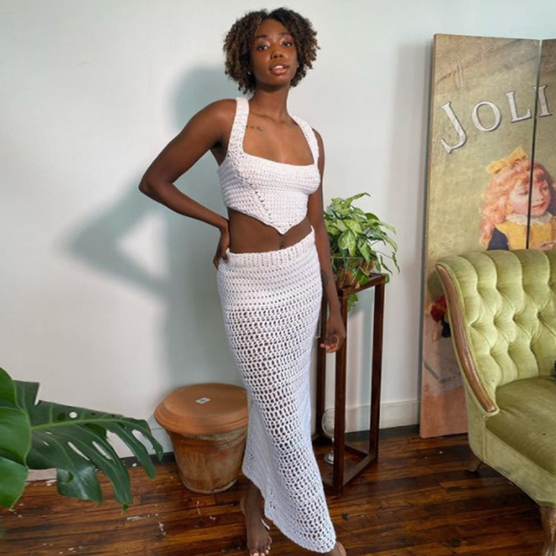 Spring Fashion Women's Solid Color Slim Vest Sexy Low Waist Skirt Two Piece Set