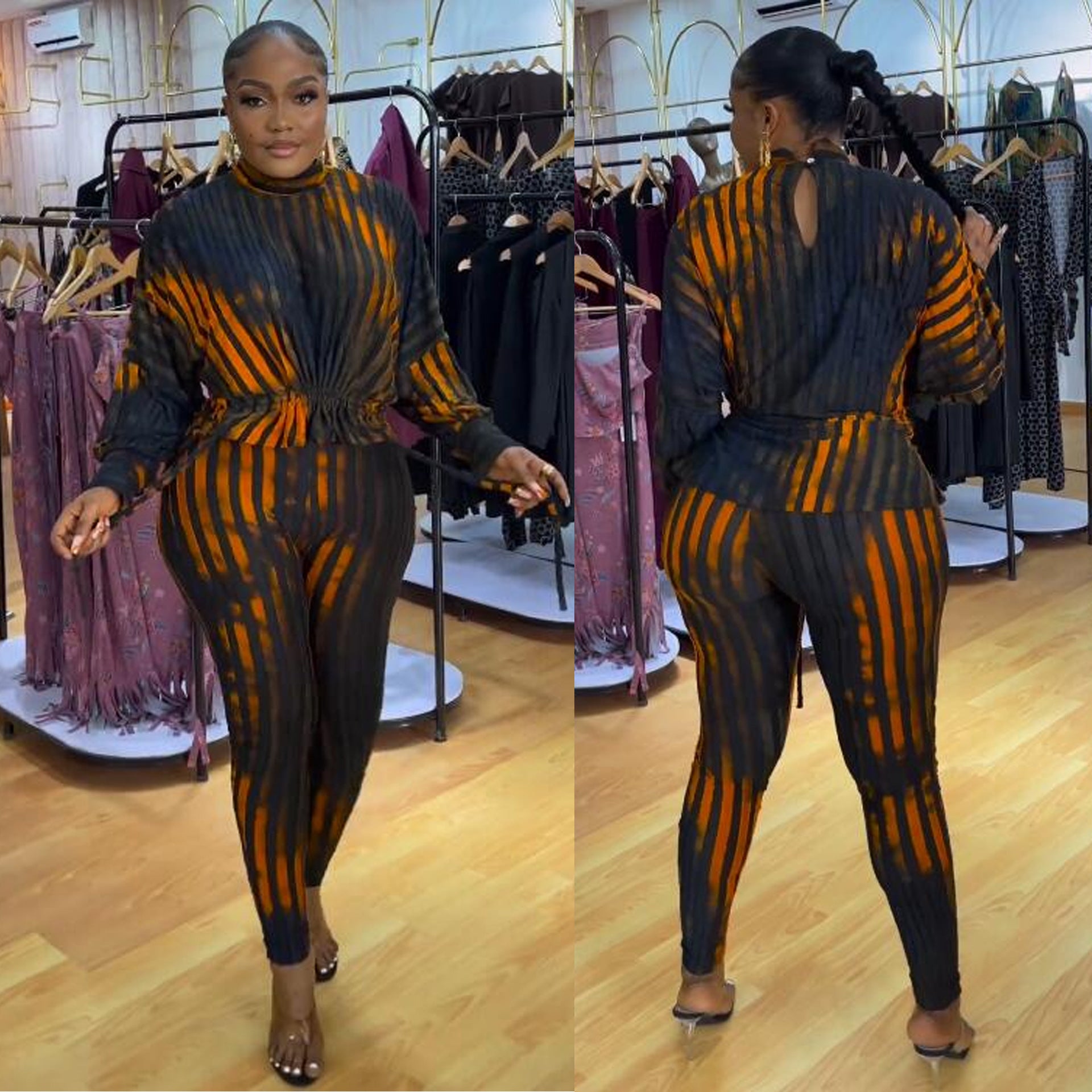 Sexy Striped Printed Drawstring Tight Fitting two piece pants Set 3