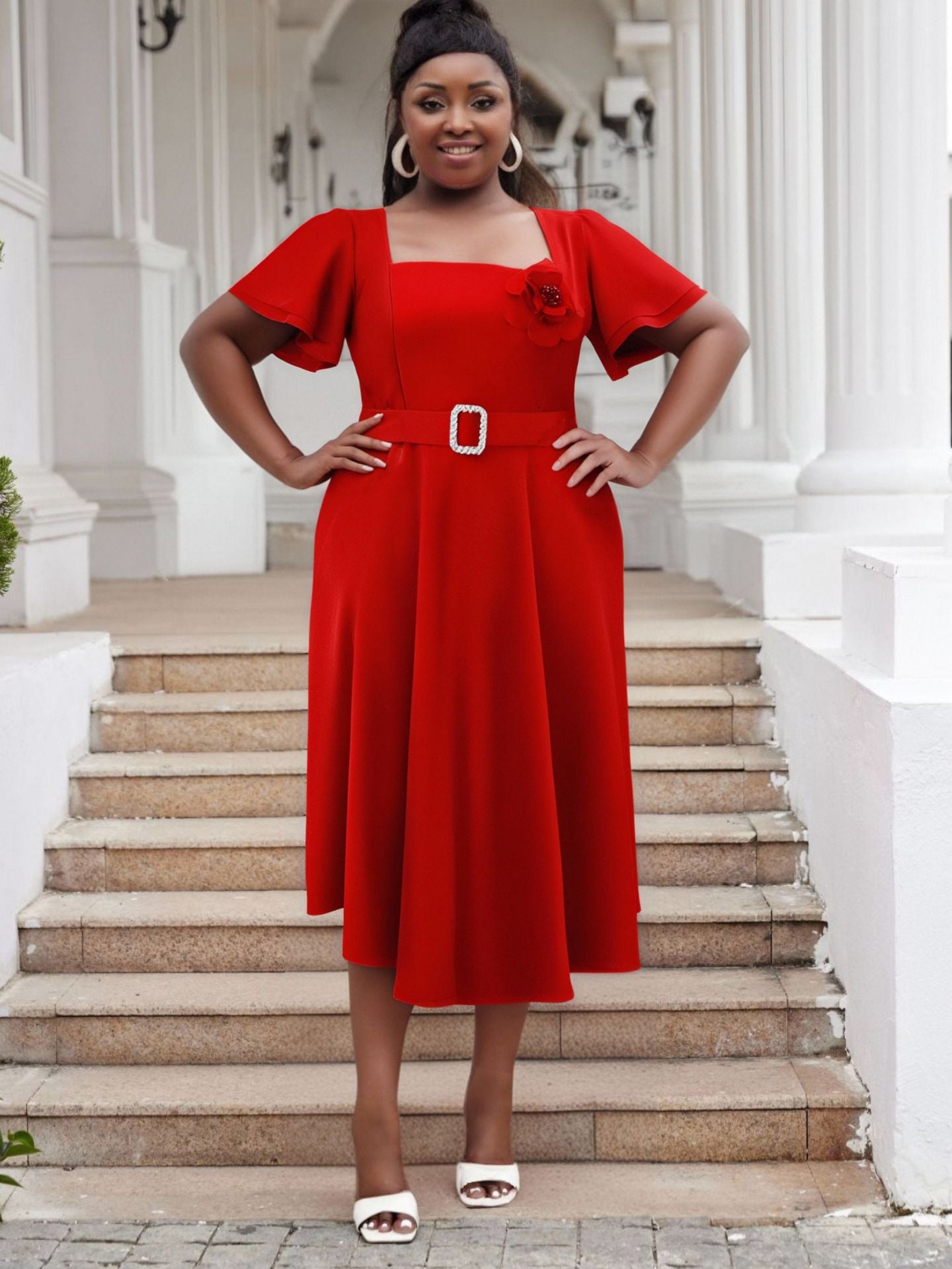 Plus Size Women Square Neck Solid High Waist Dress 8