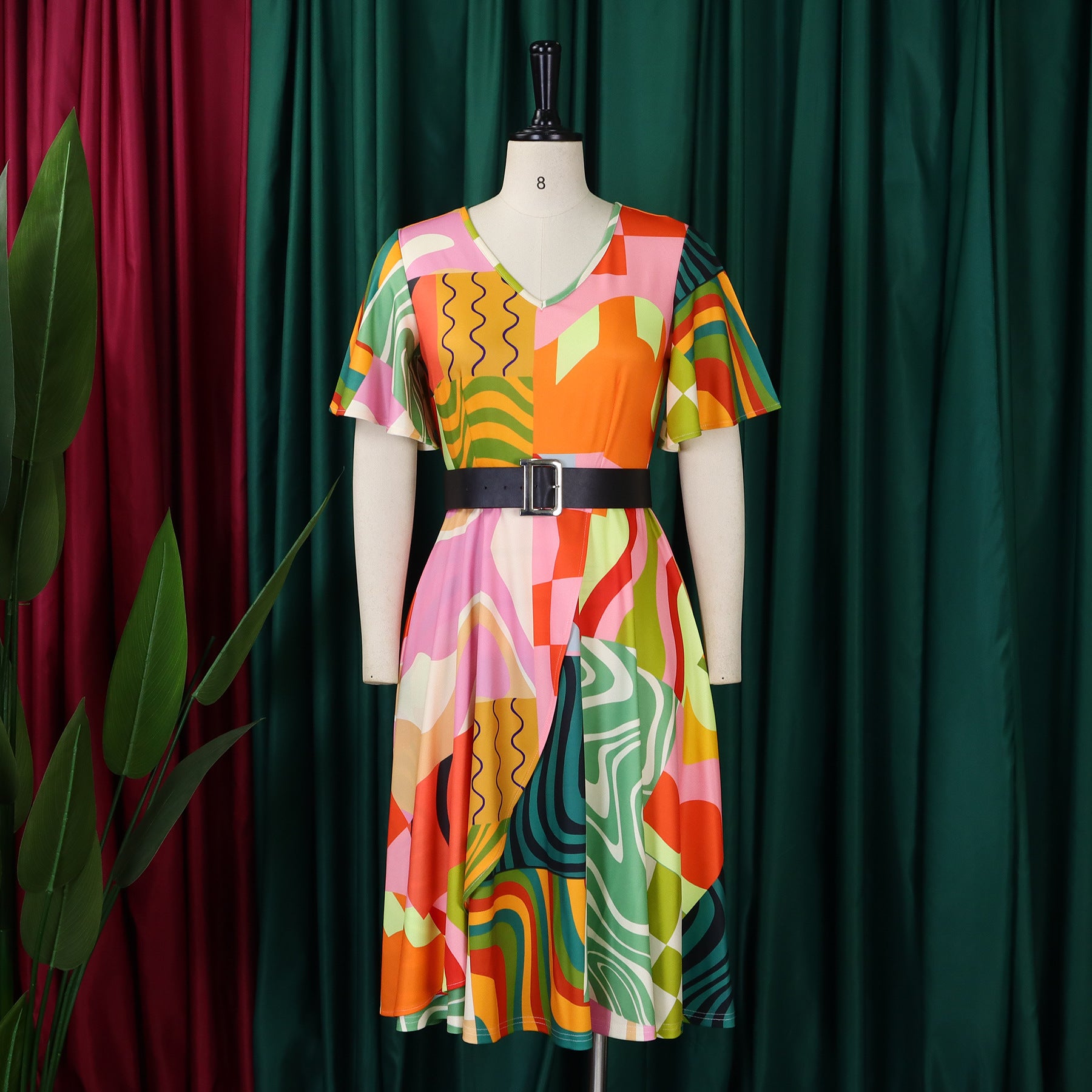 Summer Fashion Chic Women's Belt Print African Plus Size Midi Dress 11