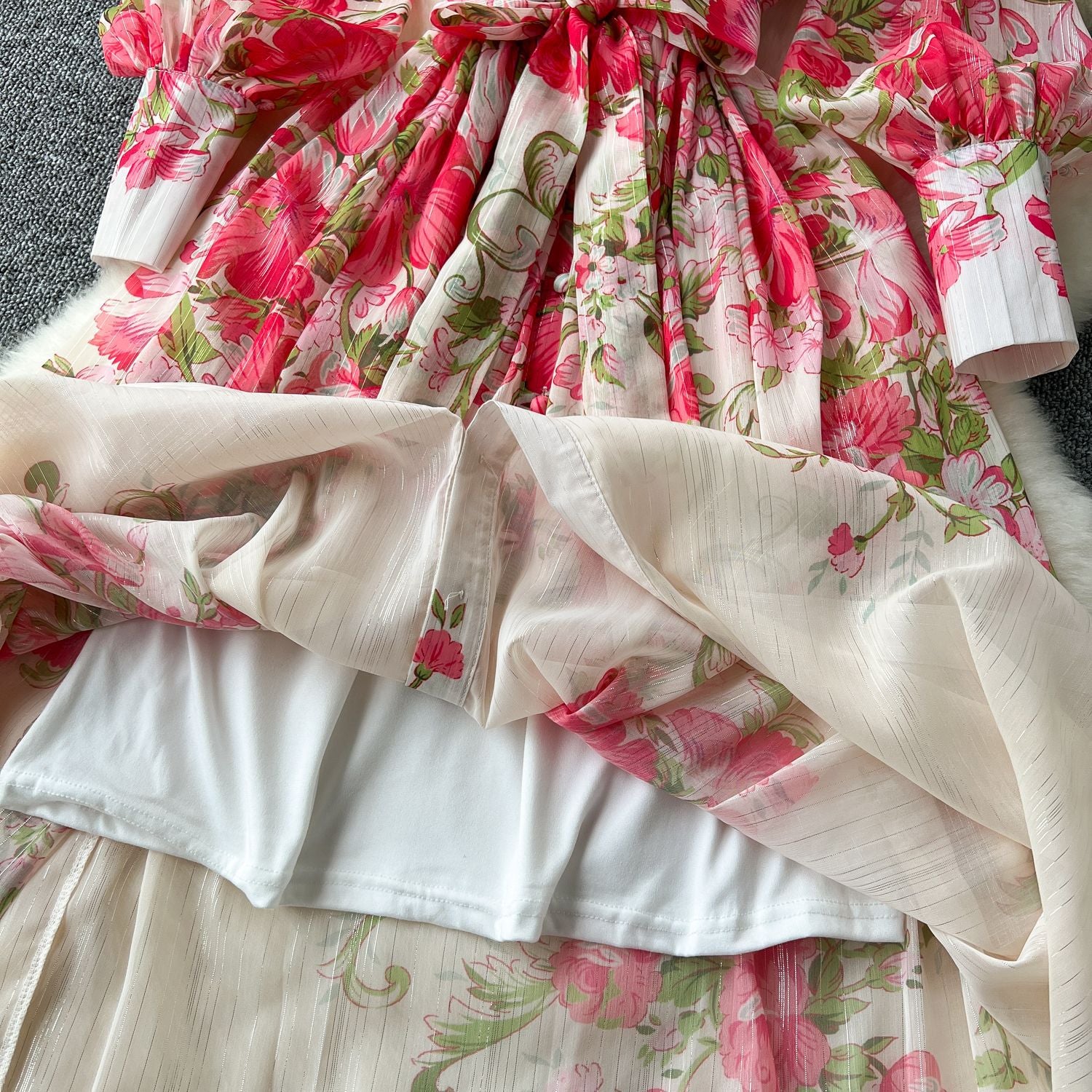 Printed Stand Collar Long-Sleeve Slim Waist Belt Chiffon Maxi Dress 13