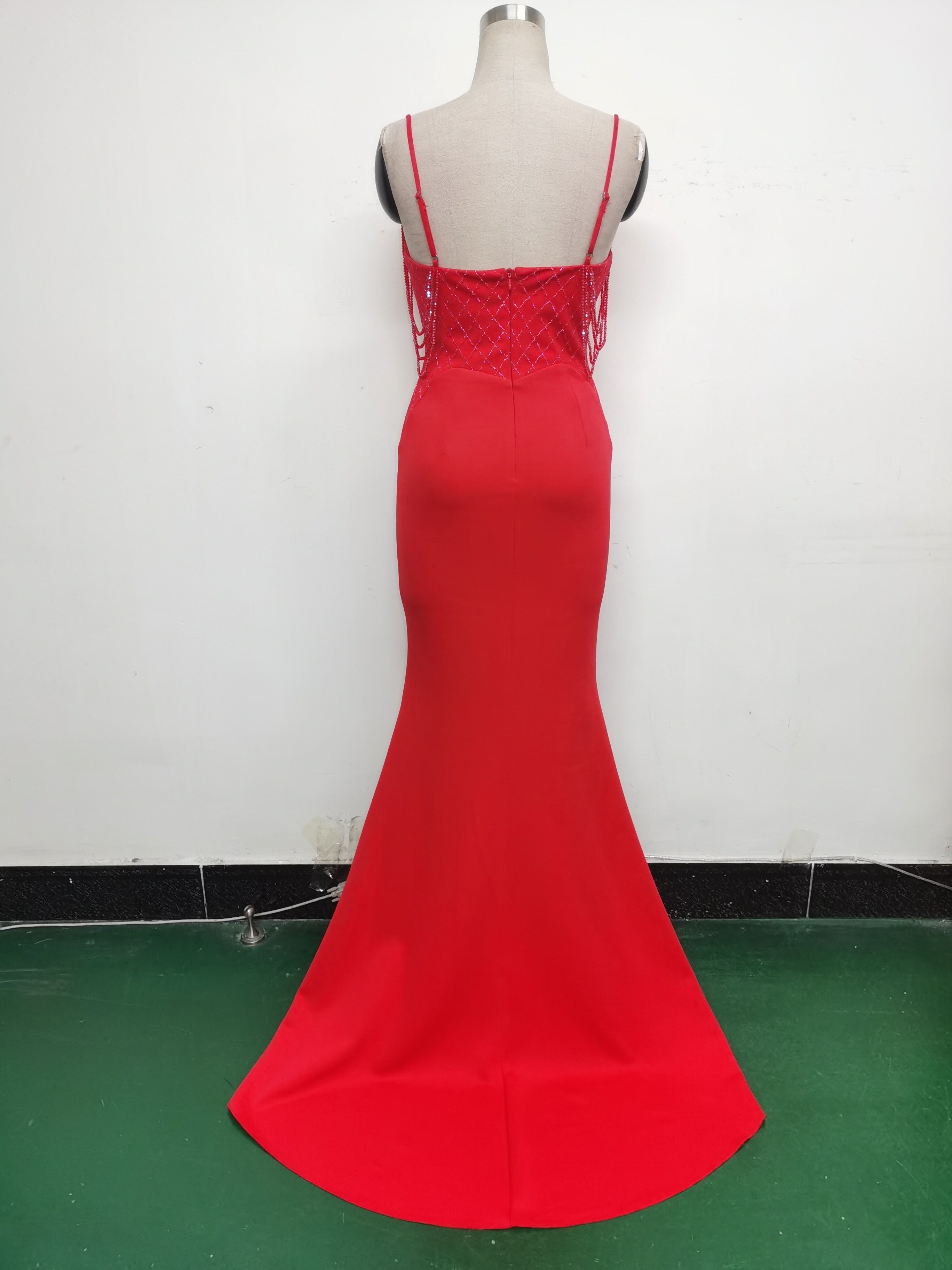 Women Fishbone Lace Sequin Wedding Fishtail Evening Dress 37