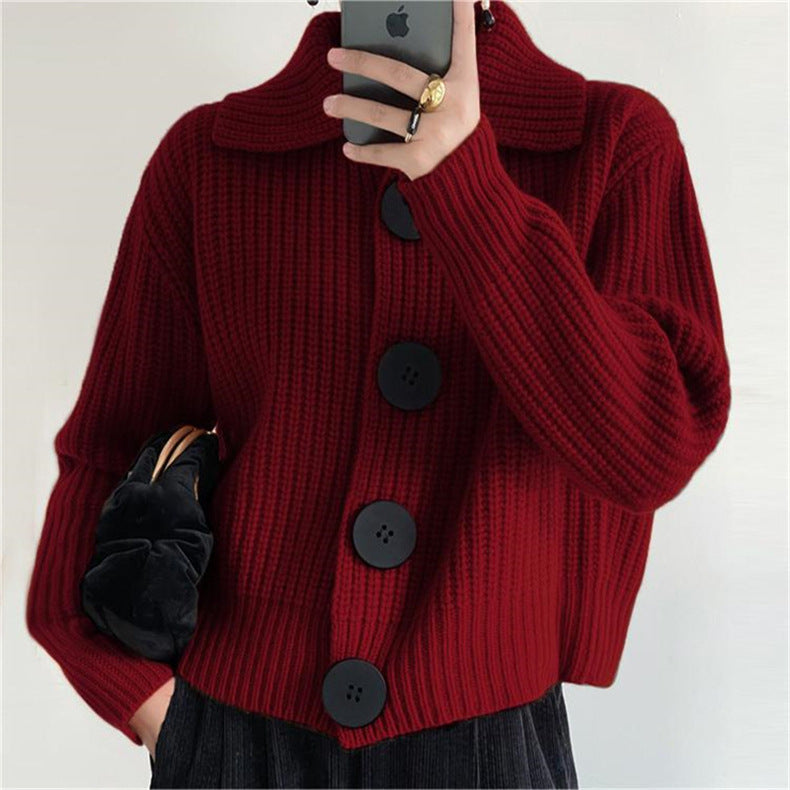 Lazy Style Sweater Jacket Autumn And Winter Loose Turndown Collar Large Button Knitting Cardigan For Women 6