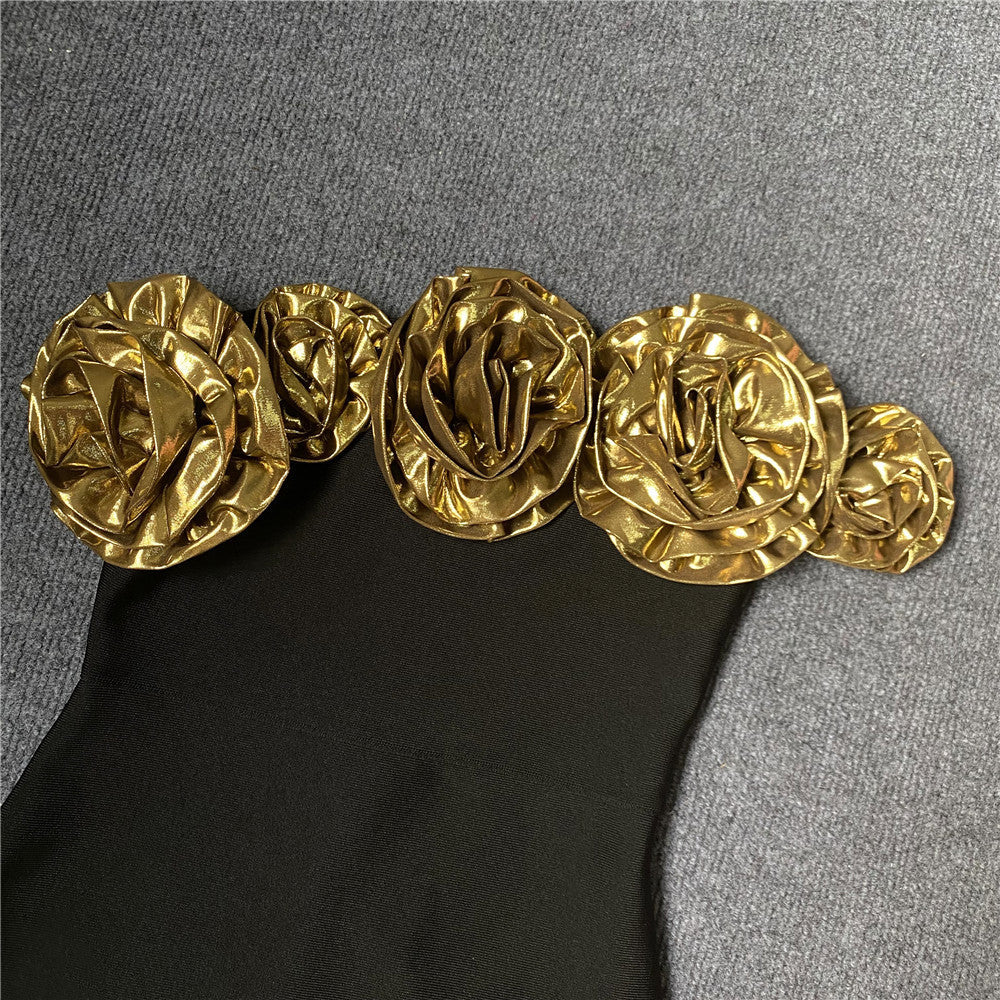 Women elegant party golden flower one-shoulder Bodycon bandage dress 15