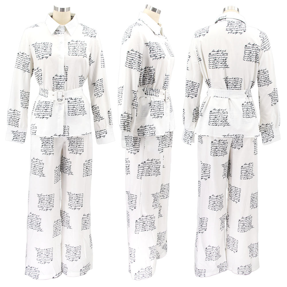 Women Irregular Printed Shirt and PantCasual Two-piece Set including Belt 7