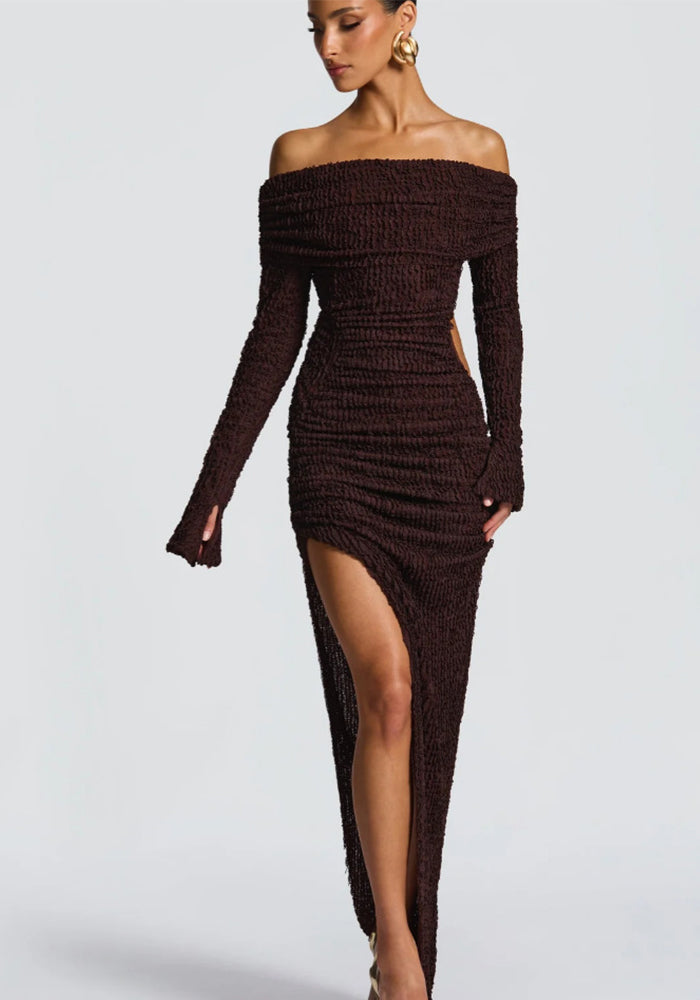 Long Sleeve Waist Cut-Out Off Shoulder High Slit Textured Dress