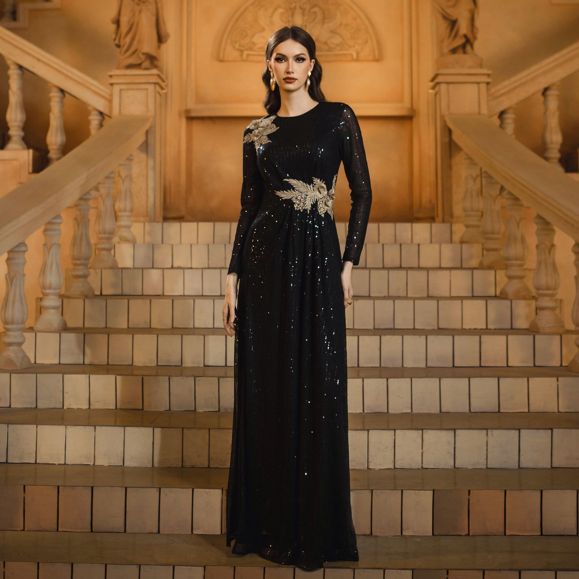 Women Round Neck long sleeve sequined formal party slit evening dress 5