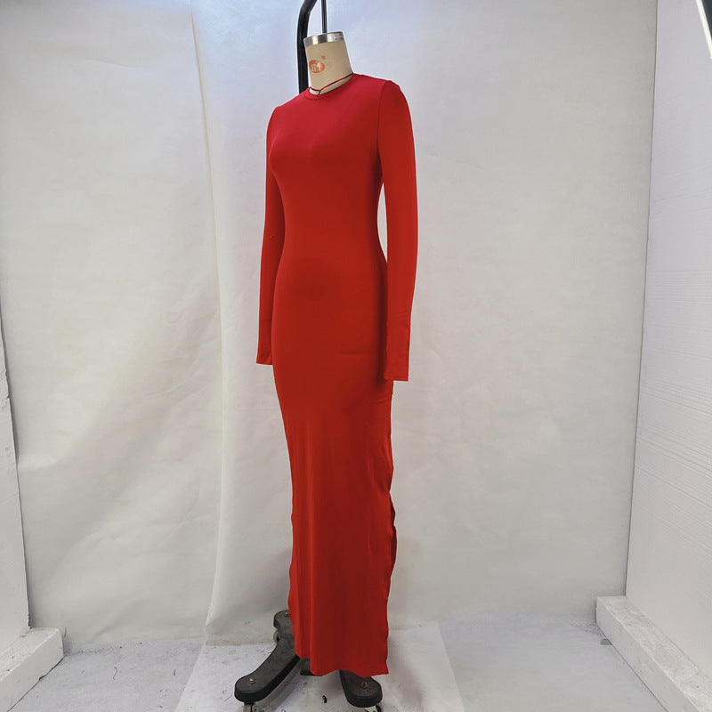 Women Solid Long Sleeve Bodycon Slit Dress 14