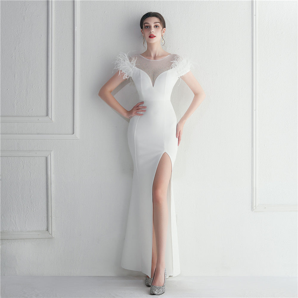 Mesh Beaded + Embellished Feather Star Red Carpet Long Evening Gown 53