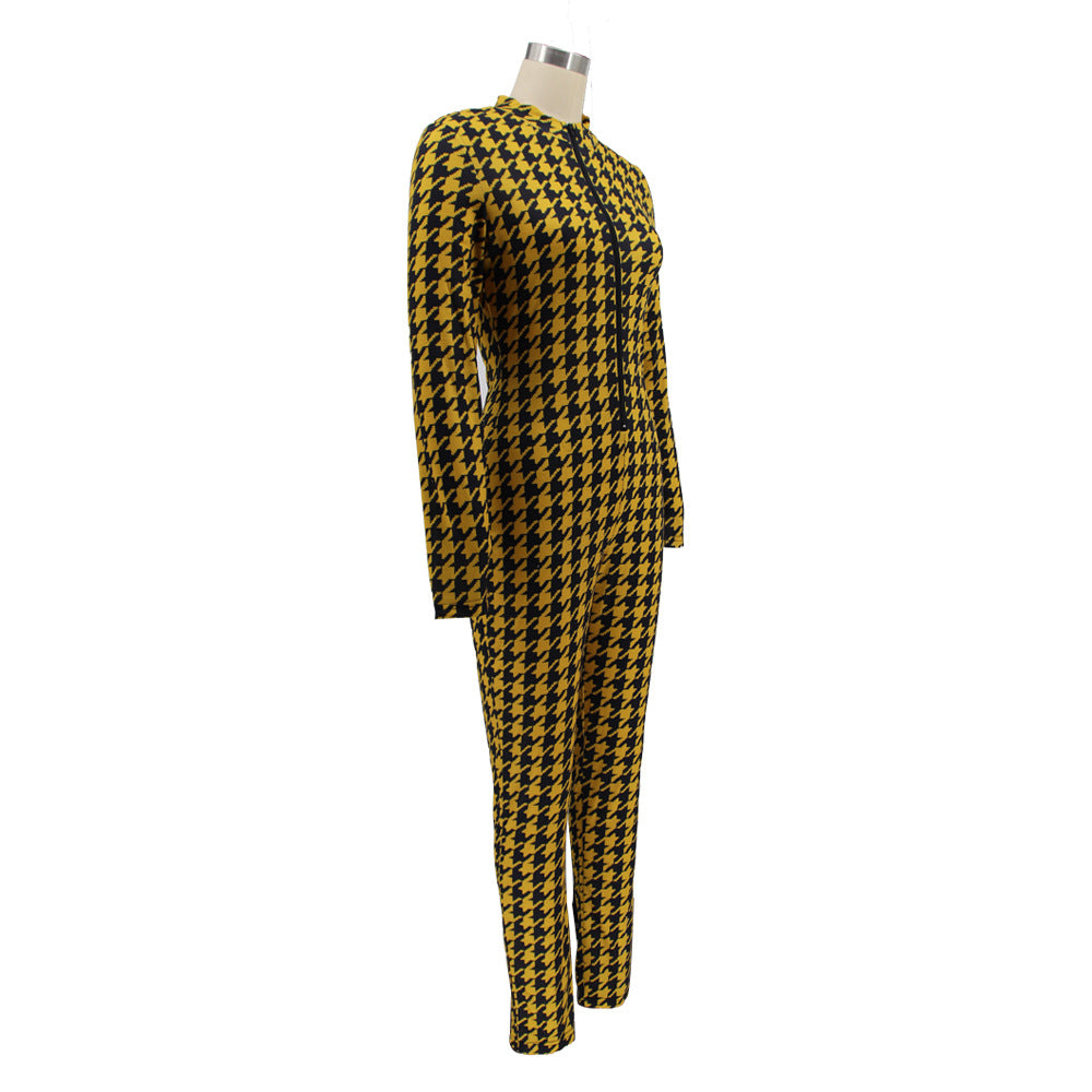 Spring Women's Plaid Print Round Neck Zipper Casual Jumpsuit 12