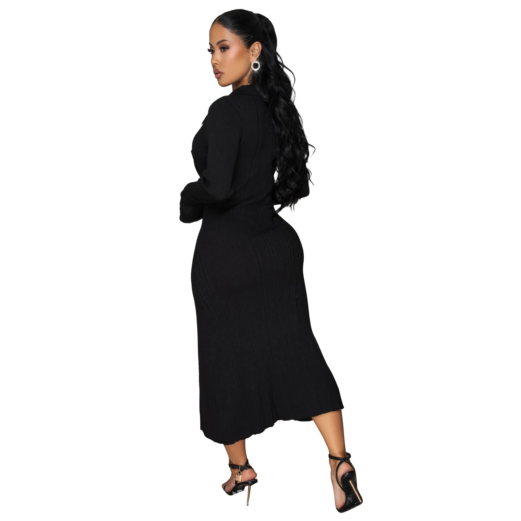 Women's Fashion V-Neck Single Row Buttons Long Sleeve Solid Long Dress 28