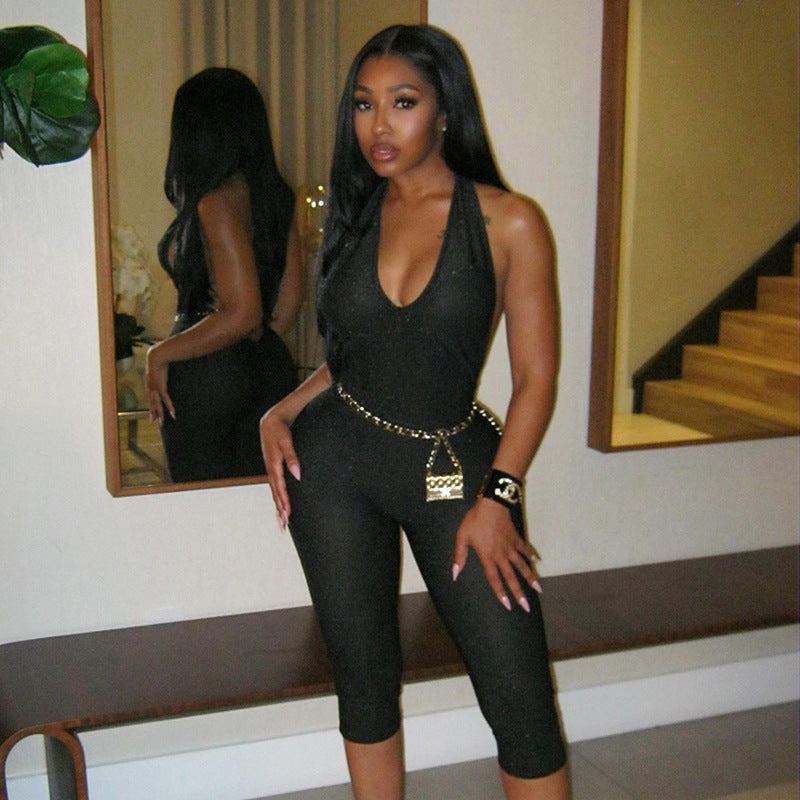 Women Spring and Summer Solid Halter Neck V Neck Backless Jumpsuit with Tie 13