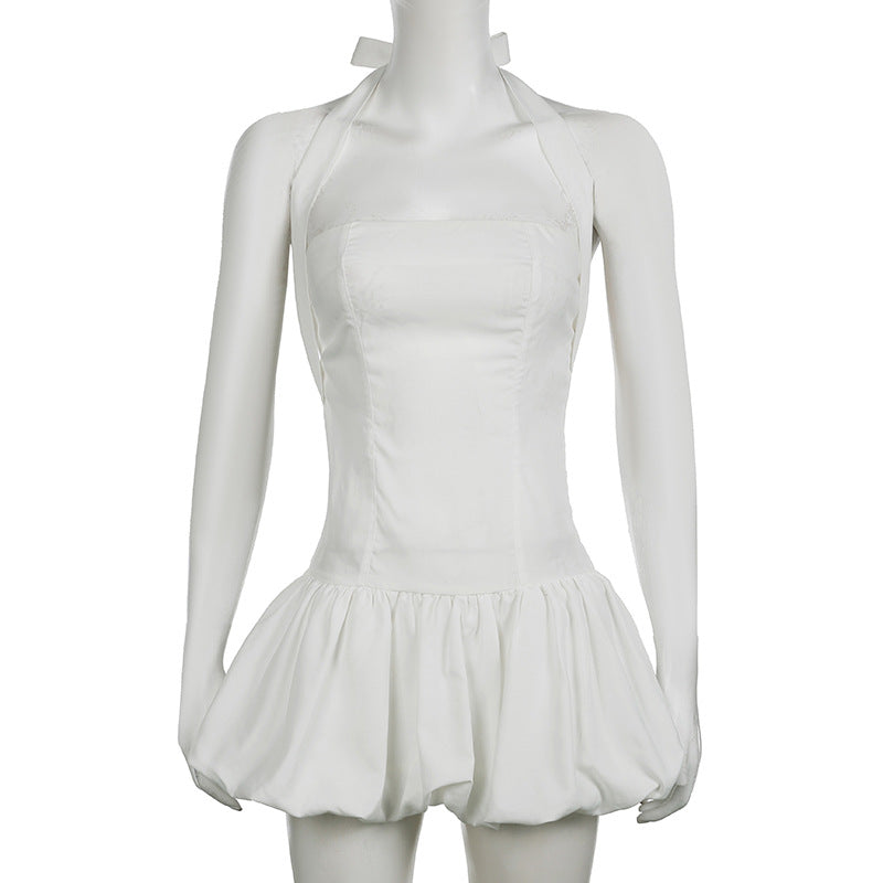 Women's Chic Solid Color Halter Neck Slim Waist Low Back Slim Waist A-Line Dress 5