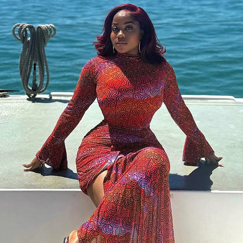 trendy women's clothing  print fashion irregular long-sleeved short bodycon dress 4