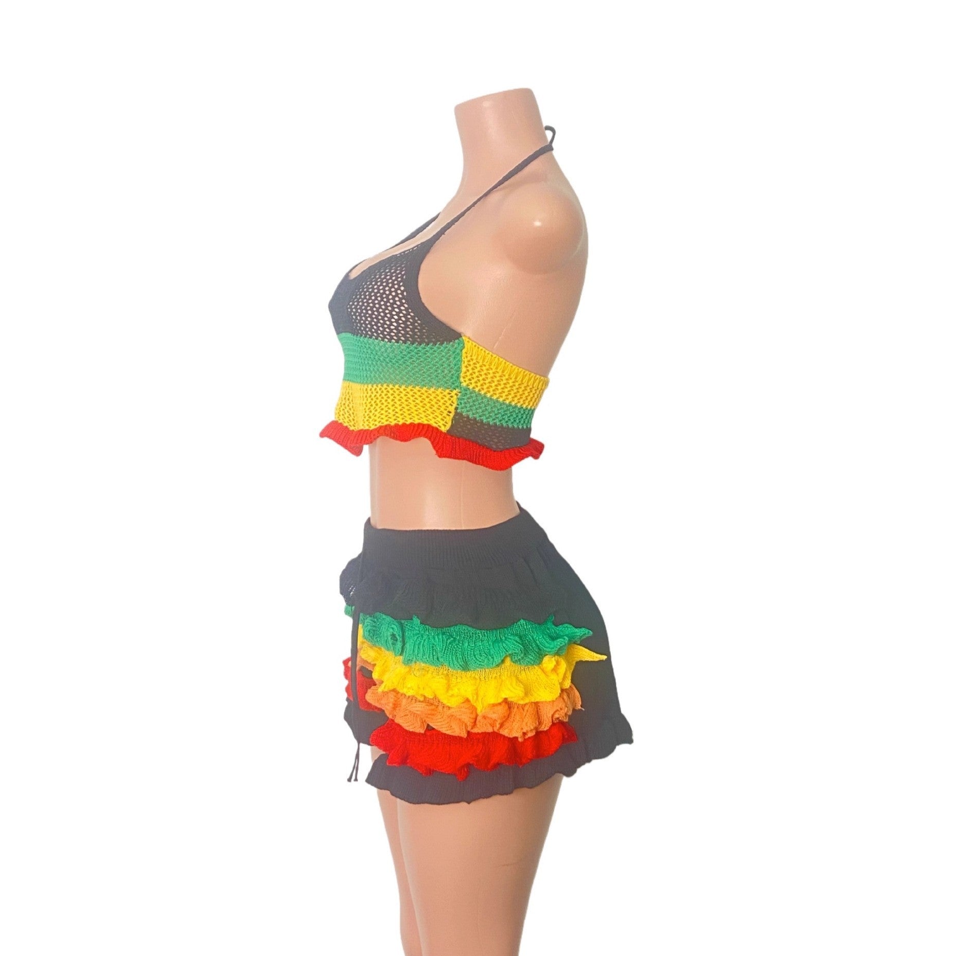 Women Multi-Color Striped Knitting Halter Neck Top and Ruffle Shorts Two-Piece Set 14