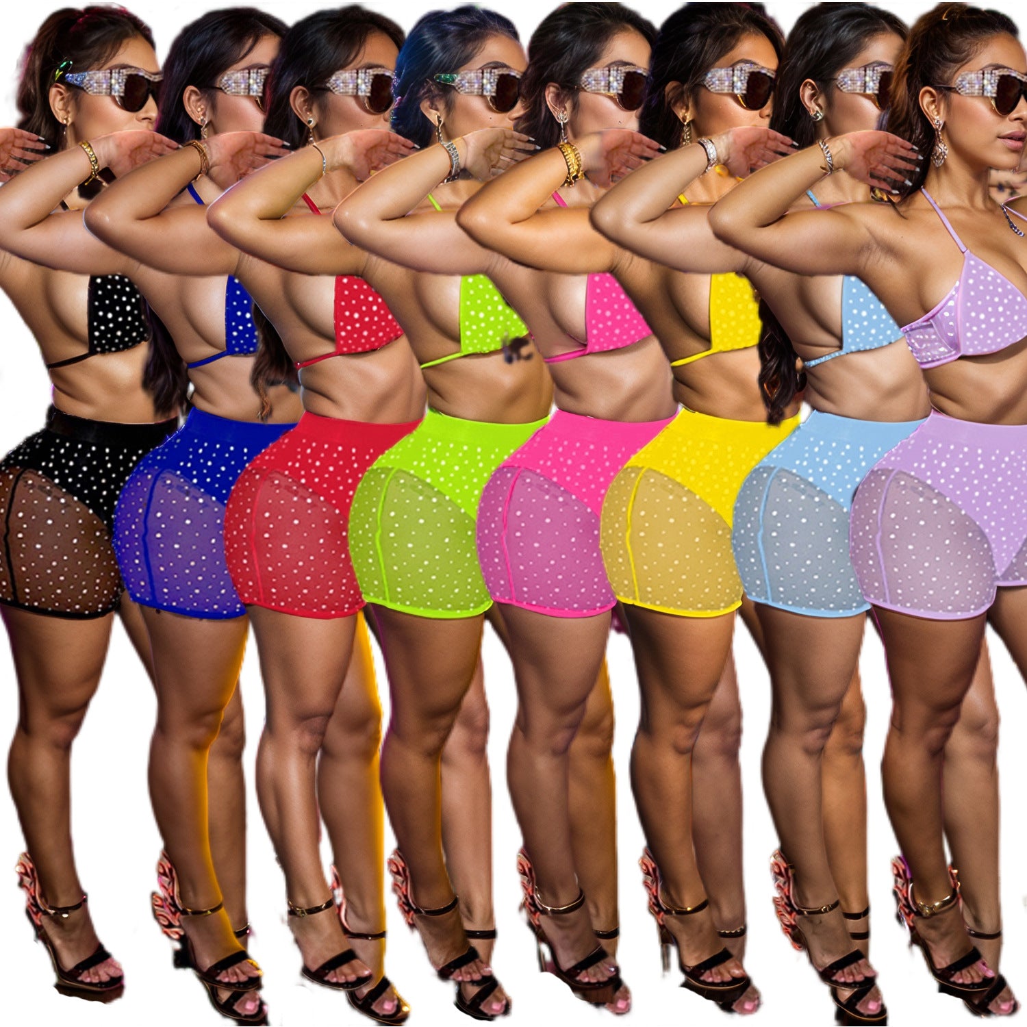 Fashionable women's mesh sequin two-piece Shorts Set 15