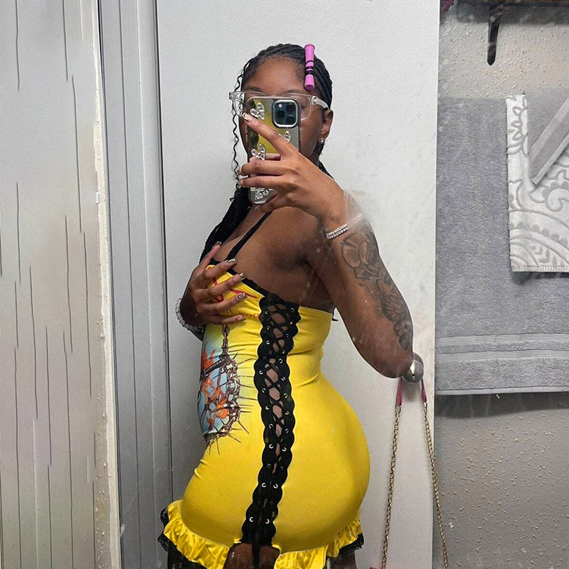 Women print lace lace Halter Neck Dress 7