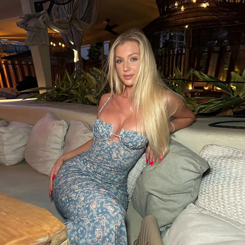 Sexy Straps Printed Slim Holidays Chic Slim Long Dress 3