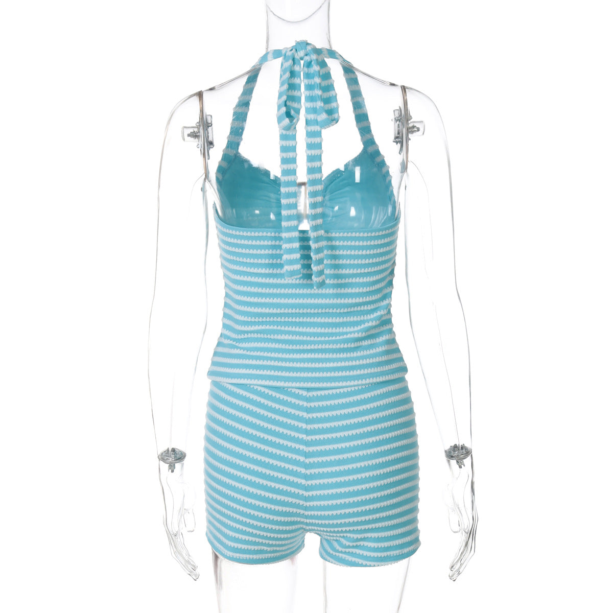 Women Summer Sexy Backless Lace-up Top Striped Shorts Two-Piece Set 8