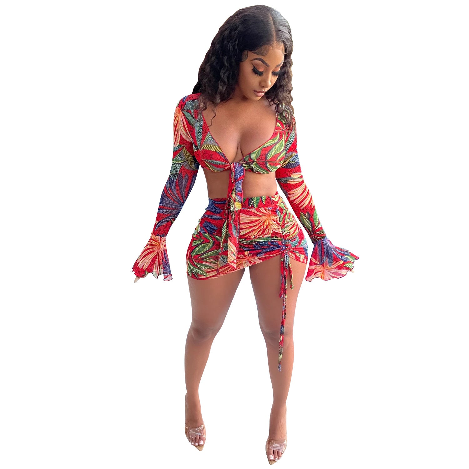 Women Printed V-Neck Lace-Up Long-Sleeved Top and Drawstring Skirt Two-Piece Set 10