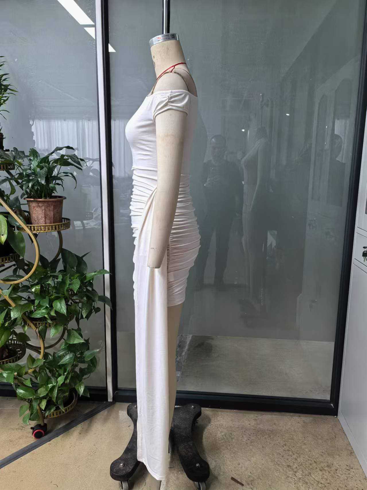 Women summer Solid Slash Shoulder Ribbon Bodycon Ruffle Bandage Dress 13