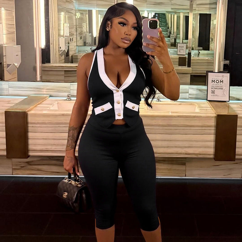 Summer Halter Neck Contrast Gold Button Low-Back Two-Piece Shorts Set