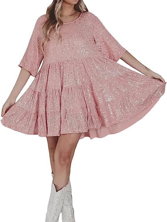 Women 's Sequin Half Sleeve Round Neck Ruffle Loose Formal Party Dress 13