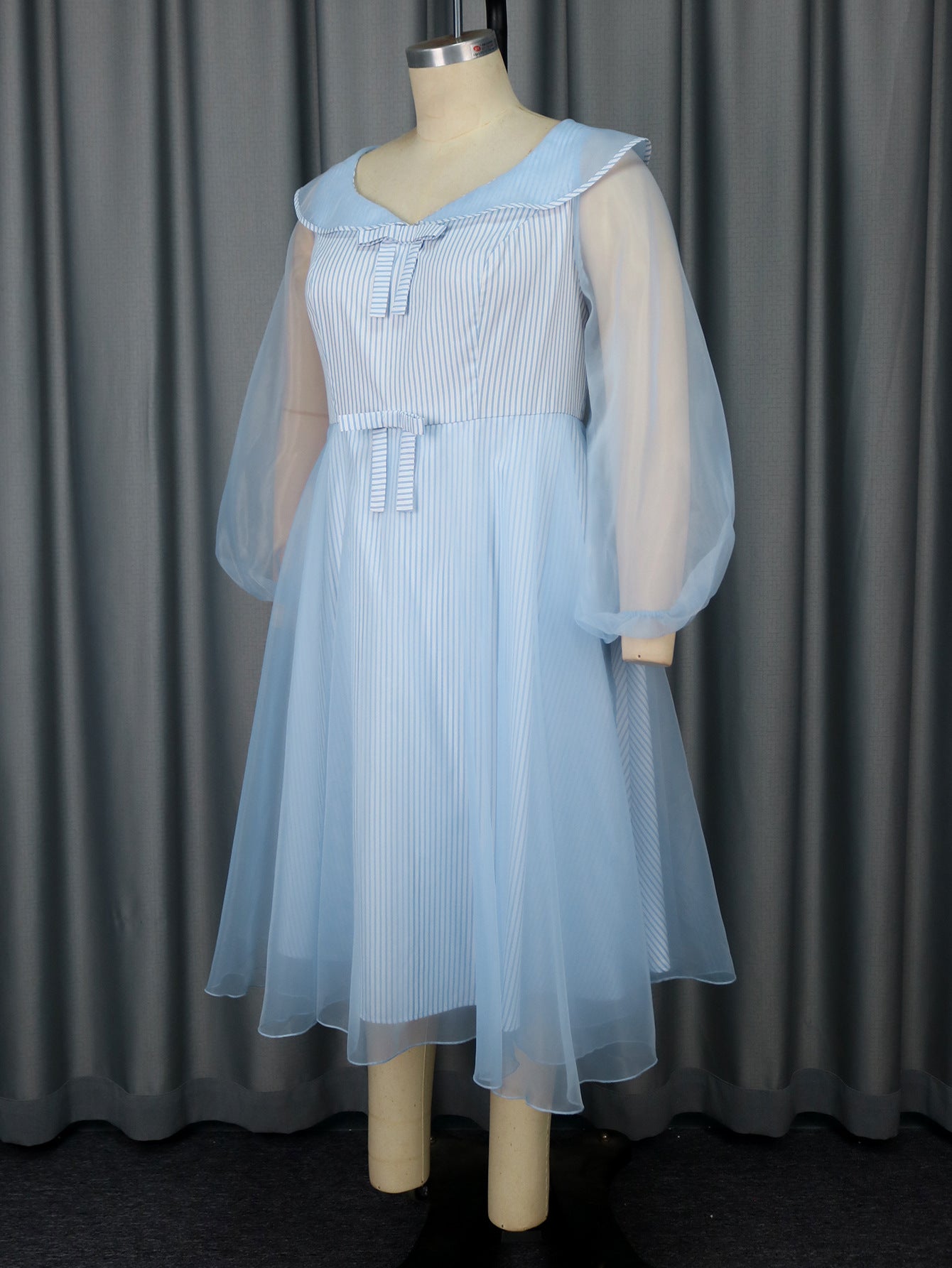 High-Waist Plus Size Women's Contrast Color Woven Striped Bubble Long-Sleeve A-Line Dress 7