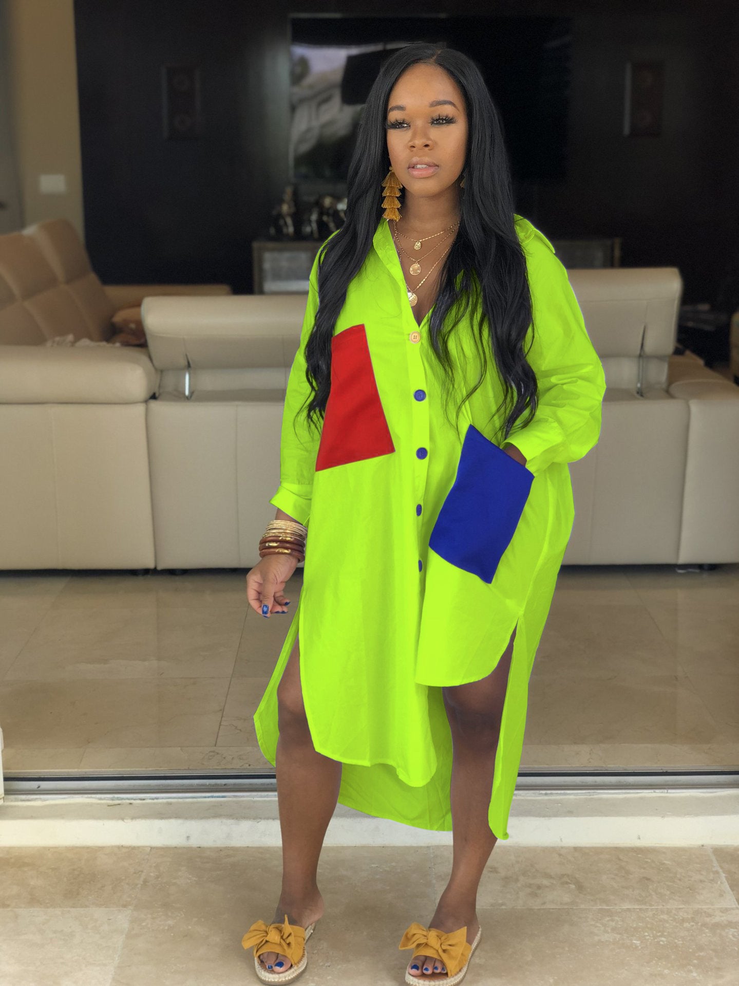 Sexy Color Block Pocket Long Shirtwomen's Clothing 5