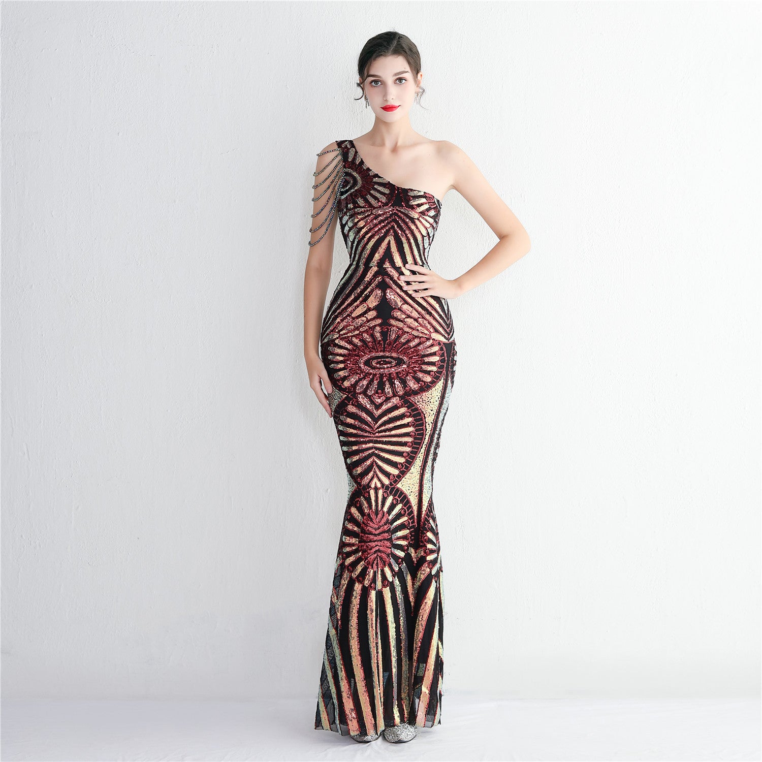 WomenElegantSequin One Shoulder Evening Dress 11