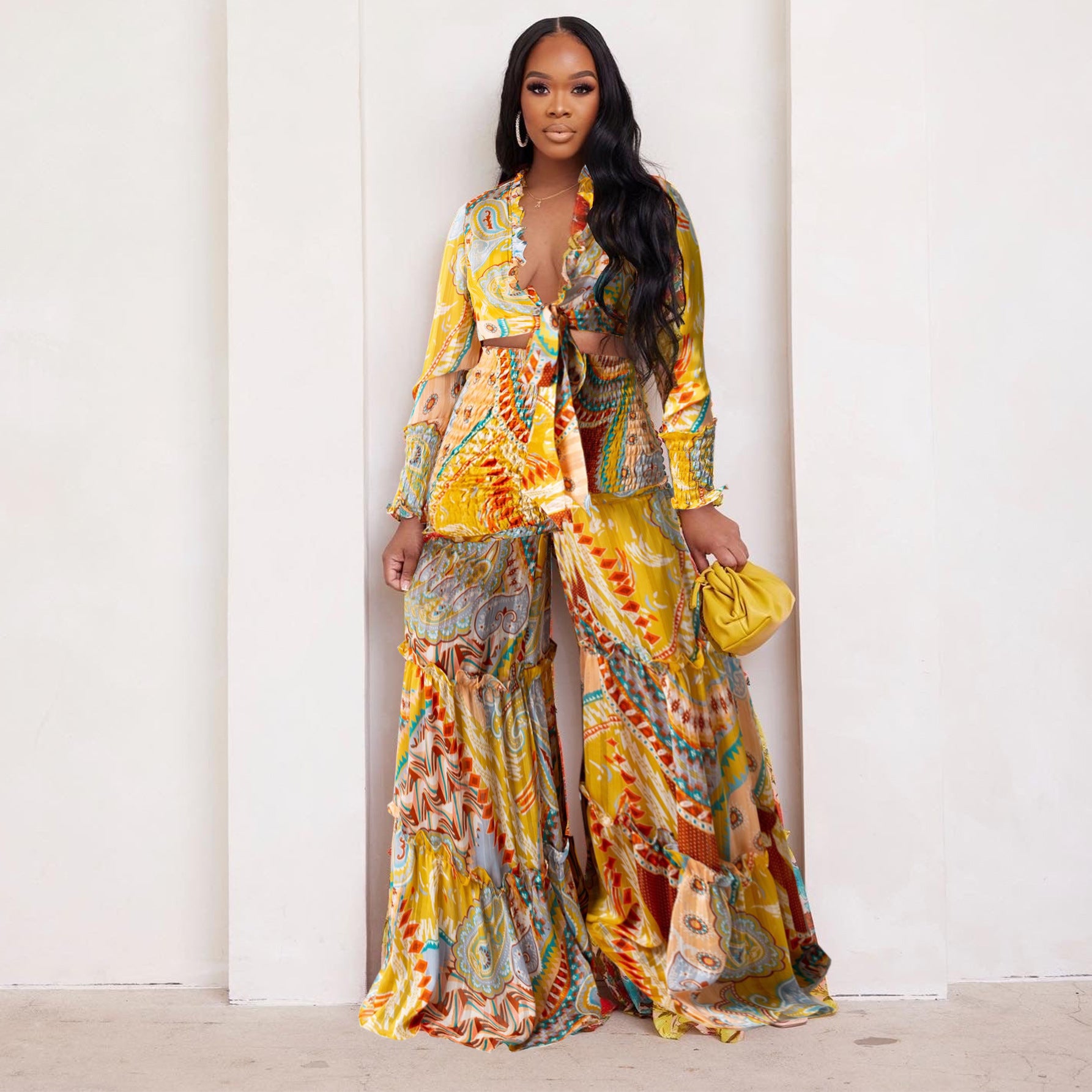 Fashion Color Contrast Printing Chiffon Long Sleeve Tie Blouse Bell Bottom Pants Two-Piece Suit For Women 3