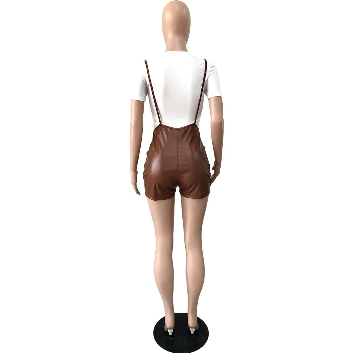 Women Short Sleeve Printed T-Shirt And Stretch Pu Leather Suspender Jumpsuit Two Piece Set 12