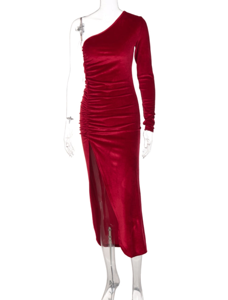 Winter Red One Shoulder Slit Ruched Velvet Party Dress 4
