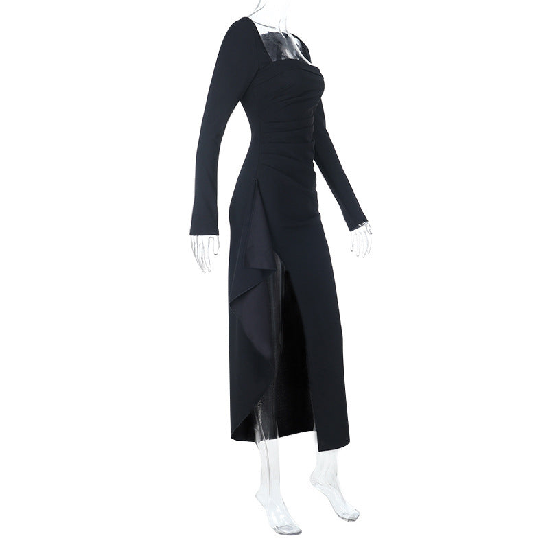 Women Square Neck Sexy Slit Ruffle Long Sleeve Maxi Dress 7