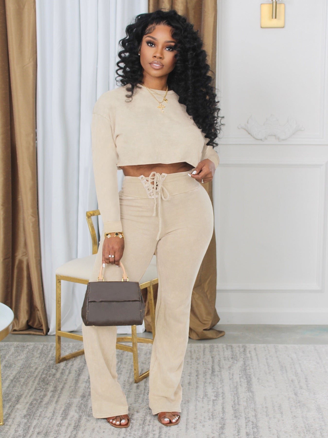 Autumn winter Tie-Dye Round Neck Long Sleeve crop Top Lace-Up Pants Women Two-Piece Set 3